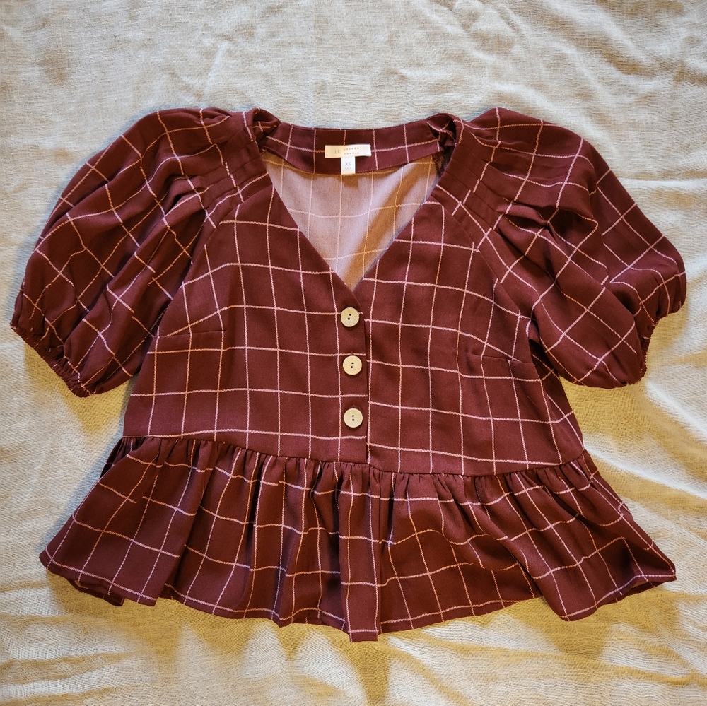 LC Lauren Conrad Ruffle Burnt Maroon Plaid Blouse Size XS